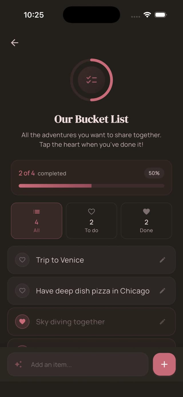 Shared bucket list to track your goals as a couple