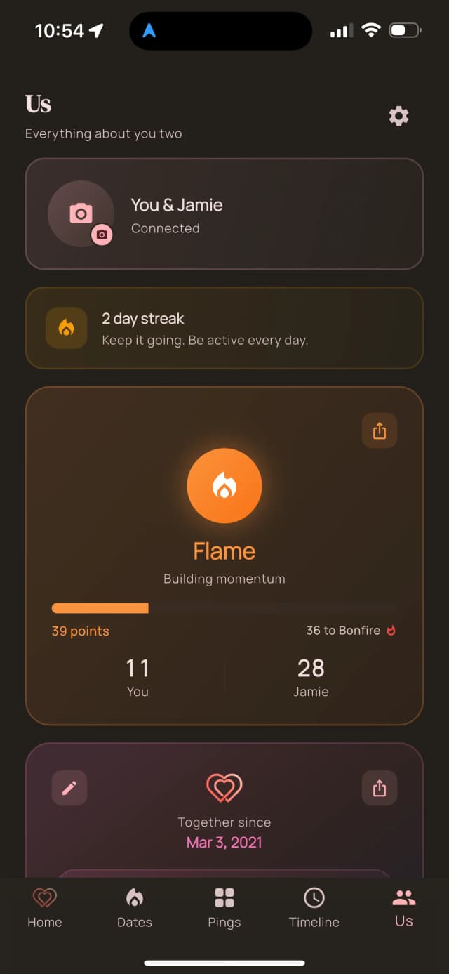 Track your relationship growth with streaks and scores